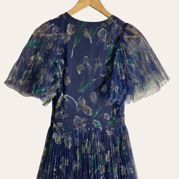 Marchesa Voyage Iris Blue Sheer Pleated Floral Print V-Neck Midi Dress 2 - Picture 14 of 16